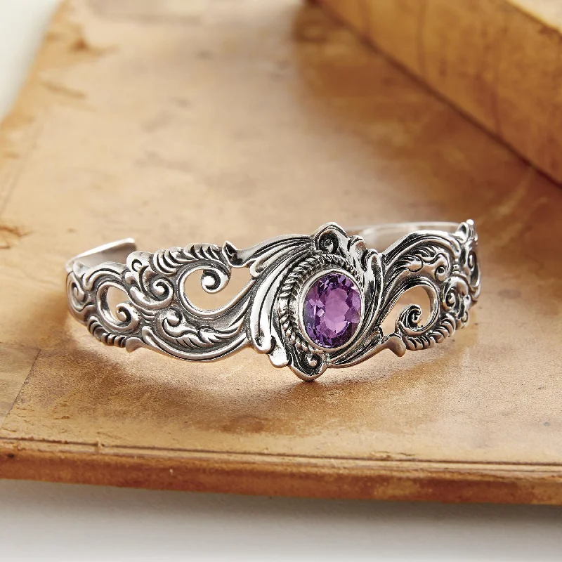 bracelets and bangles with gemstones -Amethyst & Silver Floral Paisley Cuff Bracelet