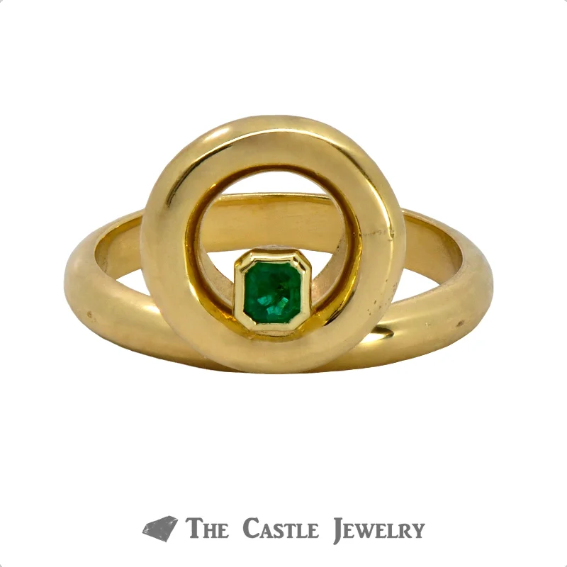 Women's rings with sapphire halo-Unique Circle Designed Ring with Emerald Cut Emerald Crafted in 18k Yellow Gold