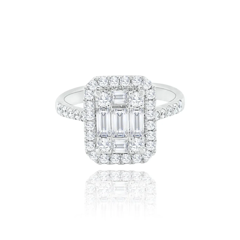 Women's statement rings for bold fashion choices-Halo long Emerald cut style Invisible set Diamonds Ring