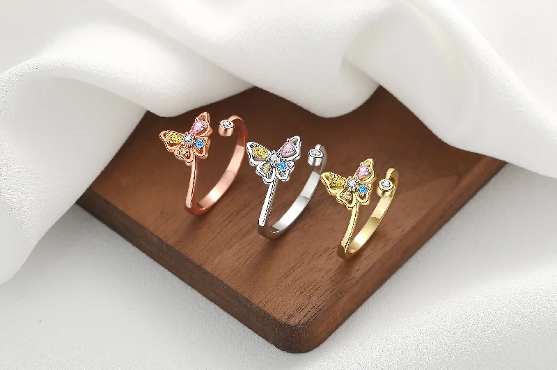 Women's rings with sapphire halo-1 Piece Retro Butterfly Copper Inlay Zircon Open Ring