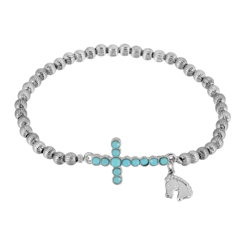 bracelets and bangles with zircon -1928 Jewelry® Silver Tone Turquoise Cross Horse Charm Stretch Bracelet