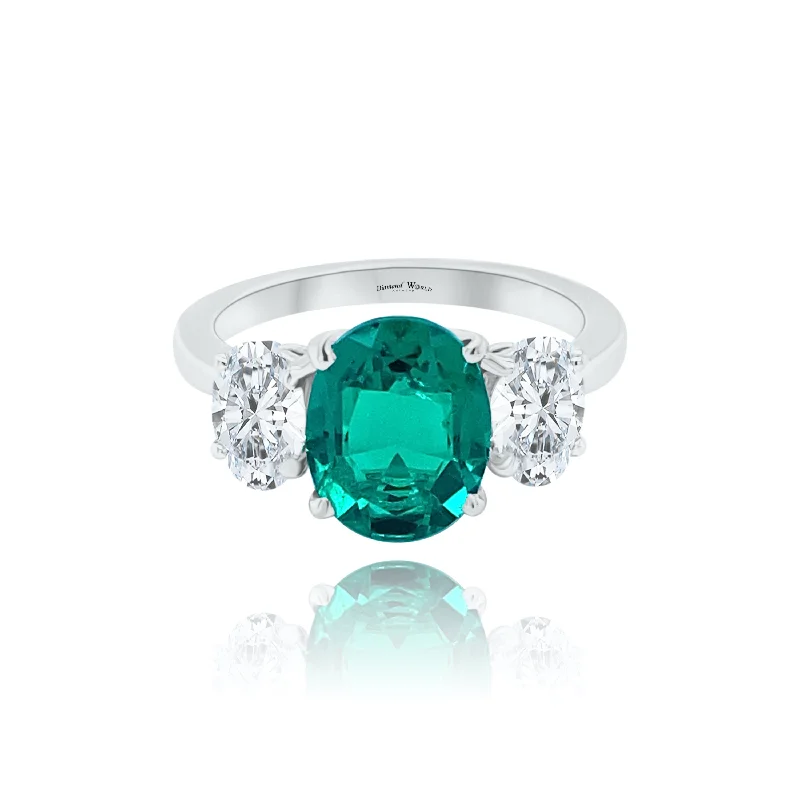 Trendy women's rings with twisted bands-Oval Emerald & Oval cut Diamonds "Aria" Ring