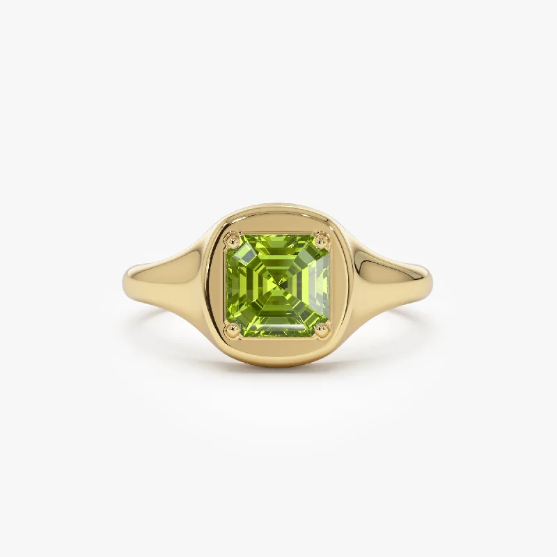 Sparkling women's rings for sparkling occasions-14K Asscher Cut Peridot Signet Ring