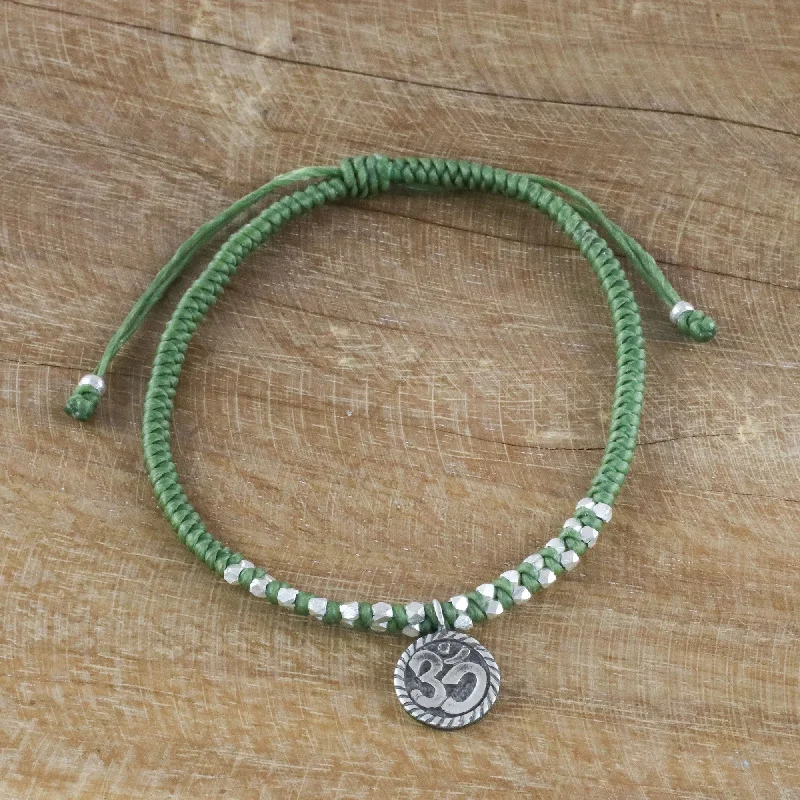 bracelets and bangles with birthstone -Ancient Om in Green Silver Om Charm Bracelet on Braided Green Cords