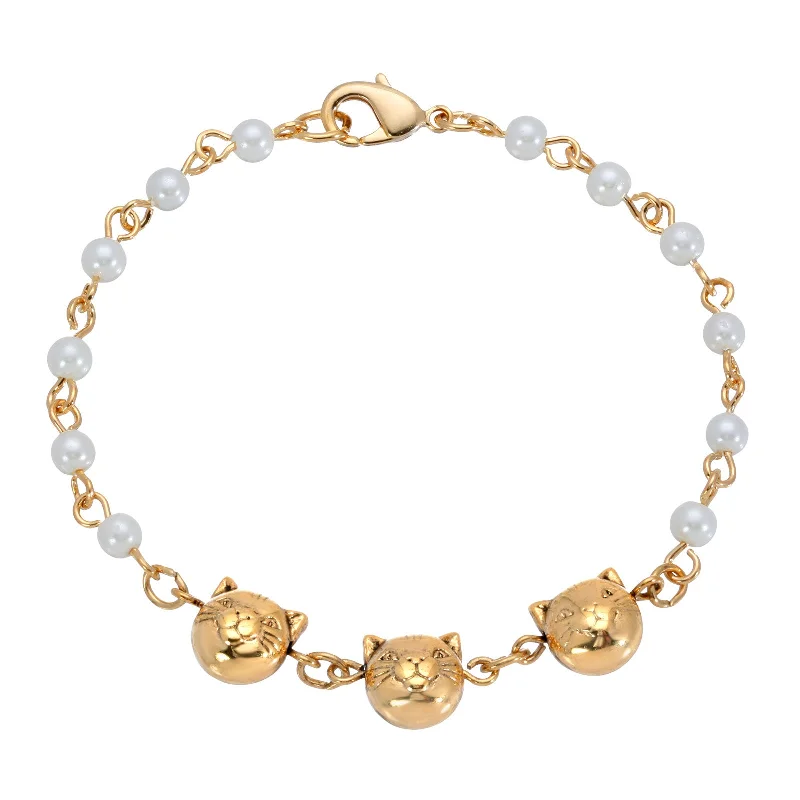 bracelets and bangles for special occasion -1928 Jewelry® Triple Cat Face With Pearl Chain Bracelet