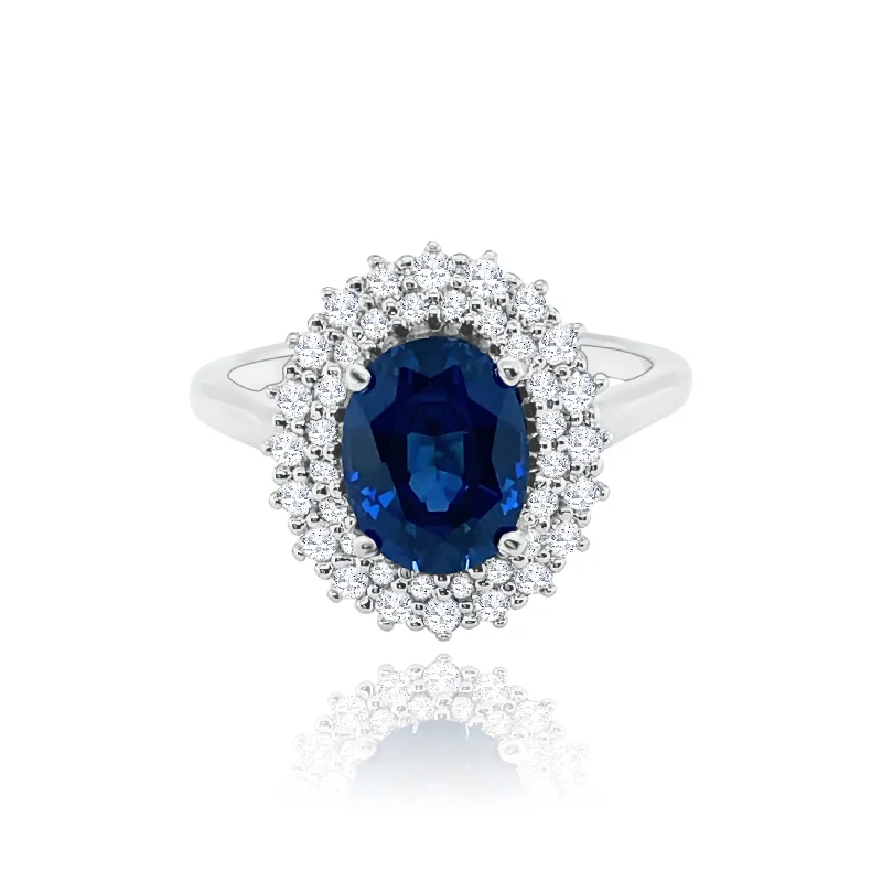 Designer women's rings for luxury-Double Classic Halo set Diamonds & Oval cut Sapphire "Daisy" Ring