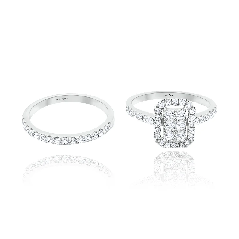 Women's rings for brides and bridesmaids-Halo  Emerald cut style invisible set Diamonds Ring & Anniversary Ring Combo