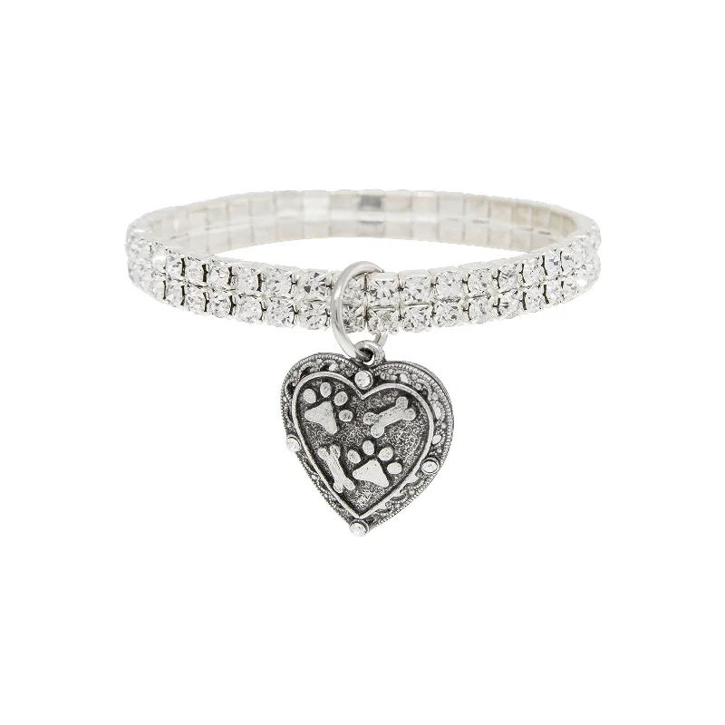 bracelets and bangles trendy minimalist -1928 Jewelry® Silvertone Two Row Crystal Stretch Bracelet With Paw And Bones Heart Charm