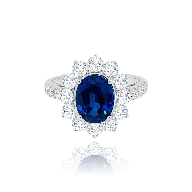 Silver women's rings for daily use-Oval Sapphire & Brilliant cut Diamonds "Evelyn" Ring