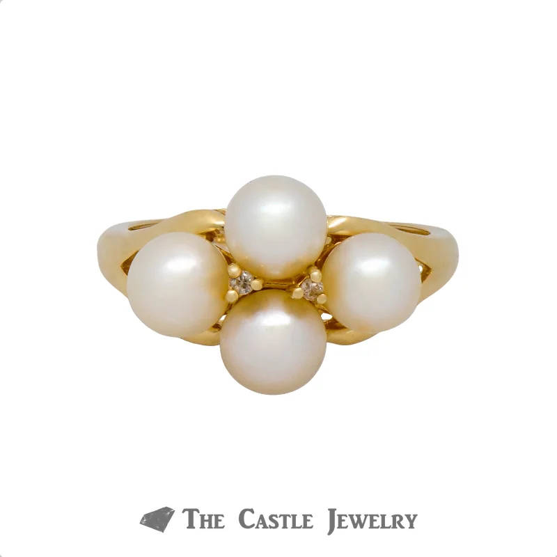 Women's adjustable rings for custom fit-Quadruple 5.5mm Pearl Ring with Diamond Accents Crafted in 14k Yellow Gold