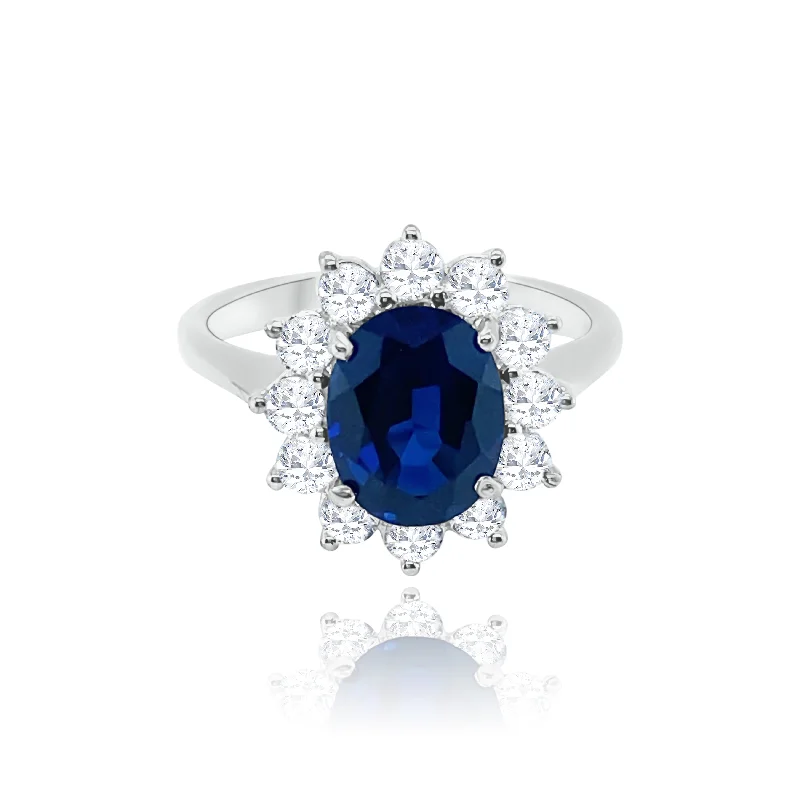 Women's wedding rings with platinum finish-Oval Sapphire & Brilliant cut Diamonds "Ellie" Ring