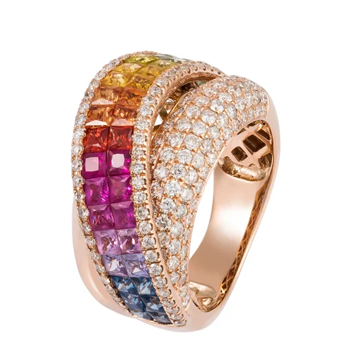 Women's rings with emerald stones-Two Row Multi Colour Sapphires & Pave set Diamonds Ring