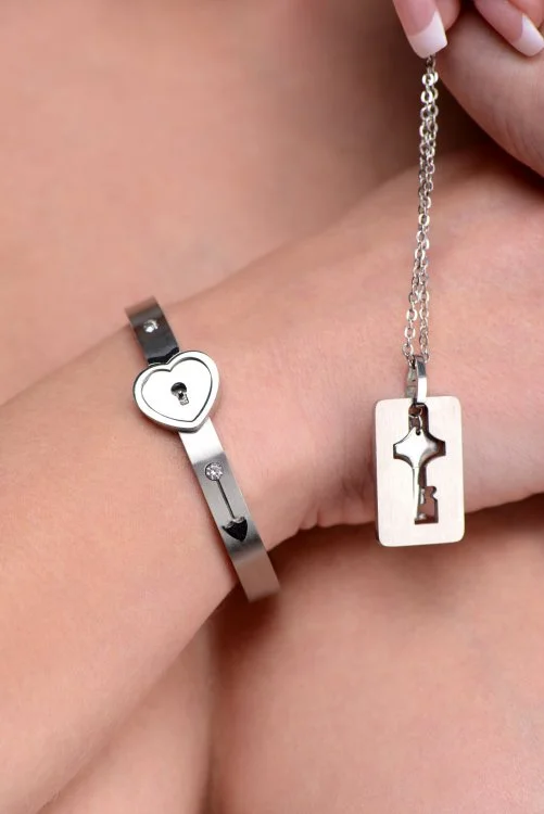 bracelets and bangles silver charm -Cuffed Locking Bracelet and Key Necklace