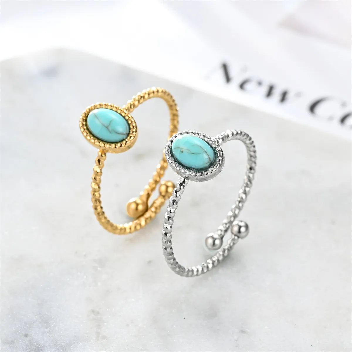 Affordable women's rings for everyday wear-Wholesale Simple Style Oval Stainless Steel Plating Inlay Turquoise Open Rings