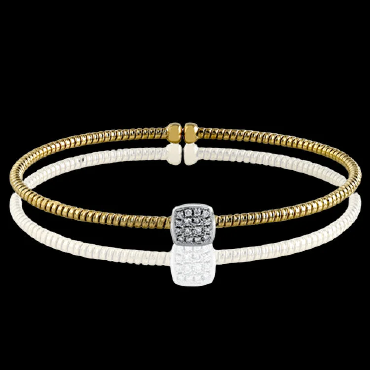 bracelets and bangles timeless beauty -This contemporary yellow gold bangle bracelet features a lovely open design accented by .16 ctw shimmering round cut white diamonds. Perfect for stacking.