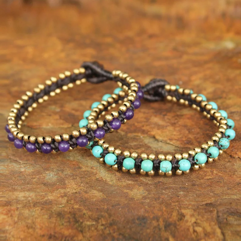 bracelets and bangles boho chic -Blue Purple Aryuveda Hand Made Quartz and Resin Beaded Bracelets (Pair)