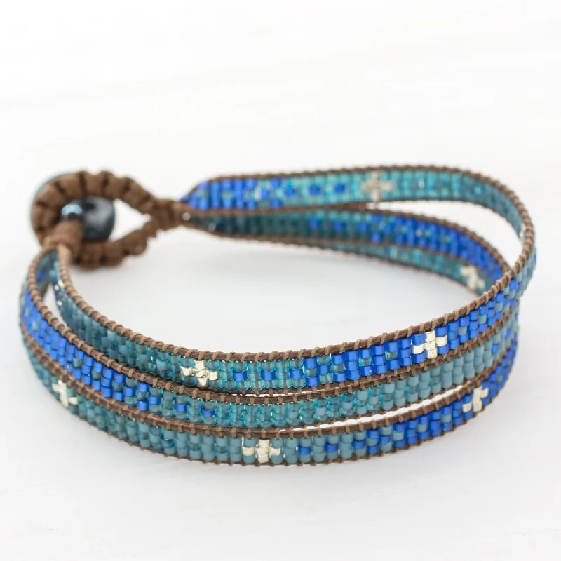 bracelets and bangles white gold -Blue Coast Glass Beaded Wristband Bracelet in Blue from Guatemala