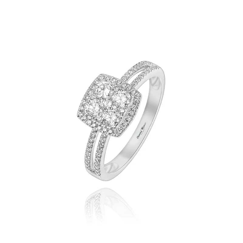 Stunning women's diamond rings for engagement-Split Sided Halo Cushion cut Invisible Diamonds "Letizia" Ring