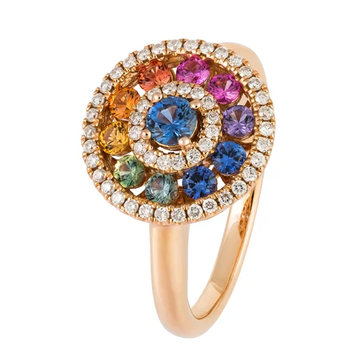 Trendy women's rings with large stones-Smooth Sided Halo set Multi Colour Sapphires & Diamonds Ring