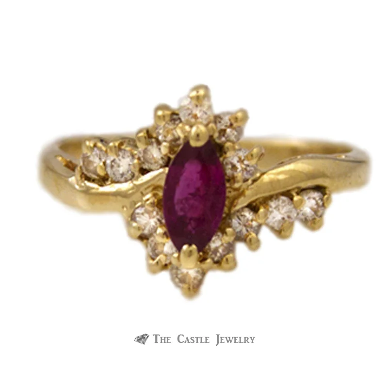 Women's statement rings for bold fashion choices-Marquise Ruby Ring 1/4ct tw Round Diamond Accents in 14K Gold