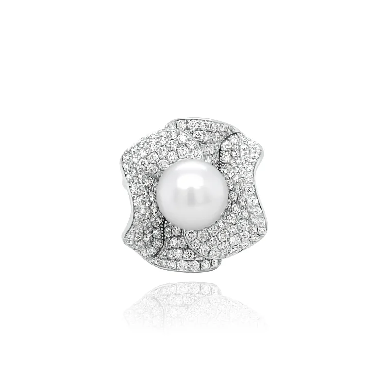 Women's engagement rings with halo setting-Pave set Diamonds & Pearl " jolie Fleur " Ring