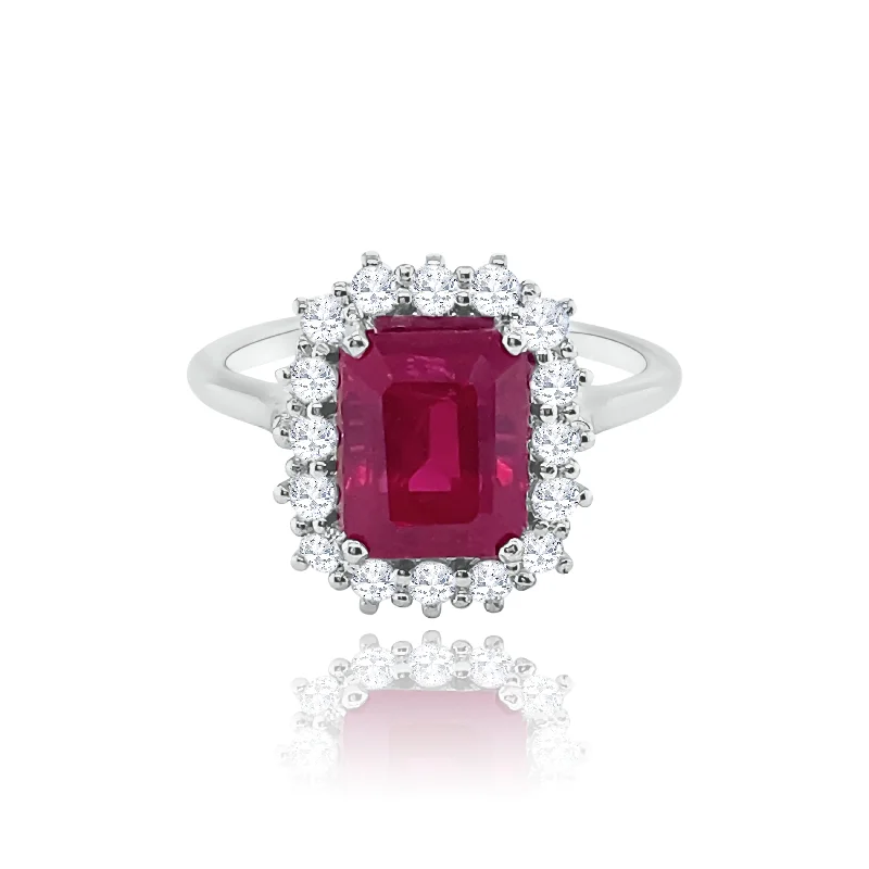 Women's promise rings with meaning-Classic Halo Diamonds & Emerald cut Ruby "Iris " Ring