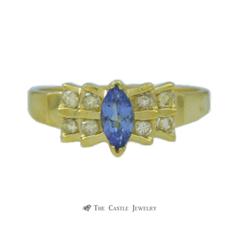 Boho women's rings for free-spirited style-Marquise Tanzanite Ring in Bow Design Diamond Mounting 14K Gold