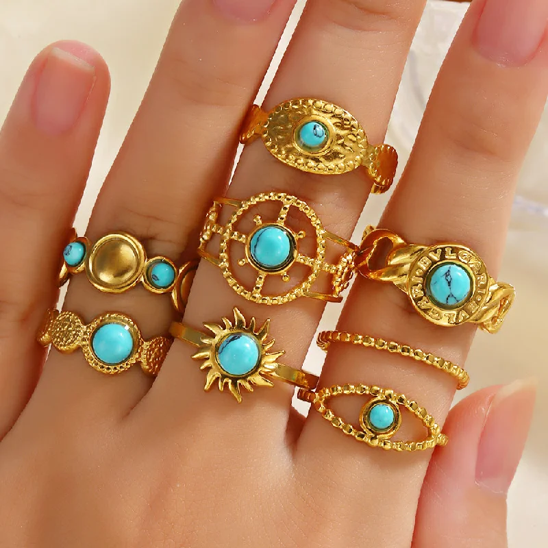 Women's birthstone rings for personalized gifts-Modern Style Simple Style Geometric Stainless Steel Plating Inlay Turquoise 18k Gold Plated Open Rings