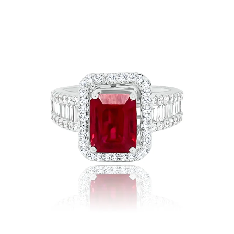 Women's rings for anniversaries-EMERALD CUT RUBY & DIAMONDS RING