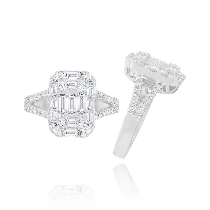 Boho women's rings for free-spirited style-Split sided Halo Emerald cut Style Invisible set Diamonds "jumbo" Ring