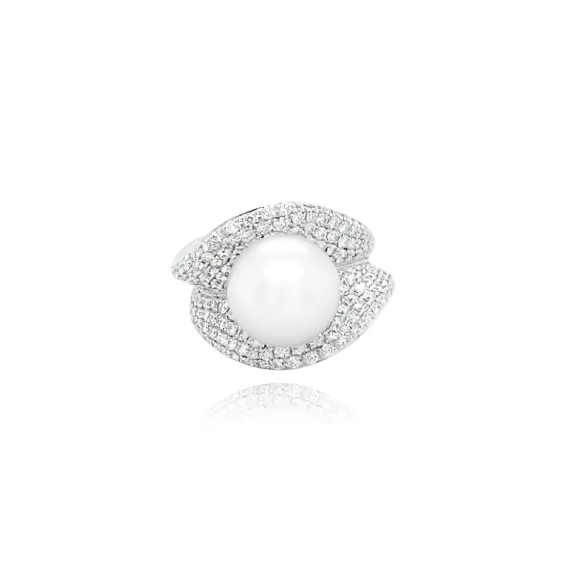 Designer women's rings for luxury-Pave Set Diamonds & Pearl "La perla " Ring