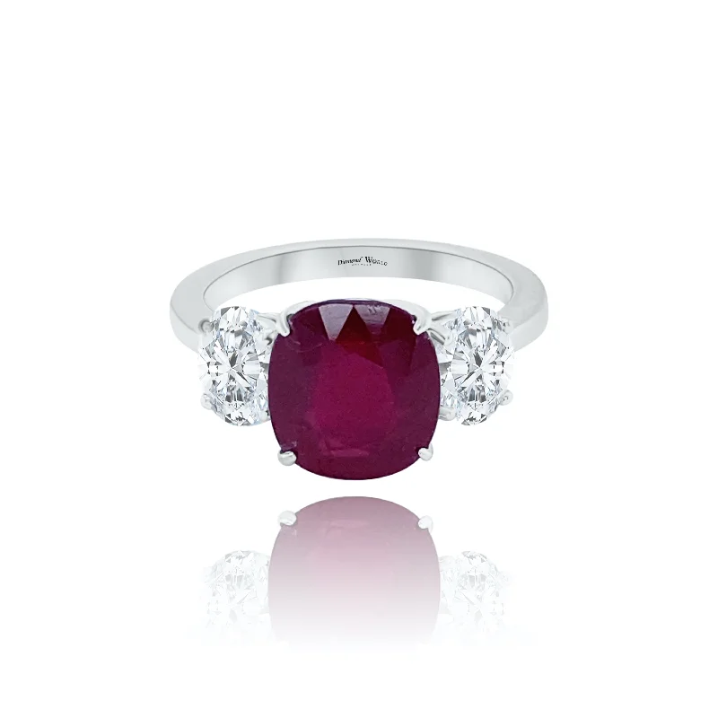 Women's rings with art deco design-Cushion cut Ruby & Oval cut Diamonds "Aria" Ring